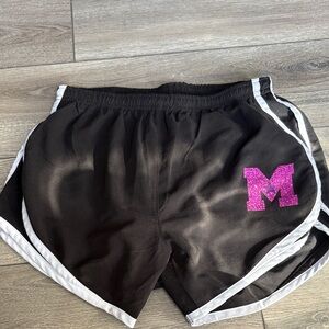 Black Athletic Shorts with Pink Glitter 'M' Accent, For Maine Stars Cheer Gym